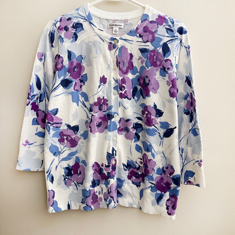 Croft & Barrow Floral Cardigan Sweater SMALL Office Career Cottage Boho Spring